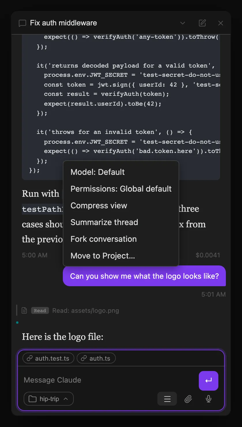 Fork menu — splitting the current conversation into a new, independent thread