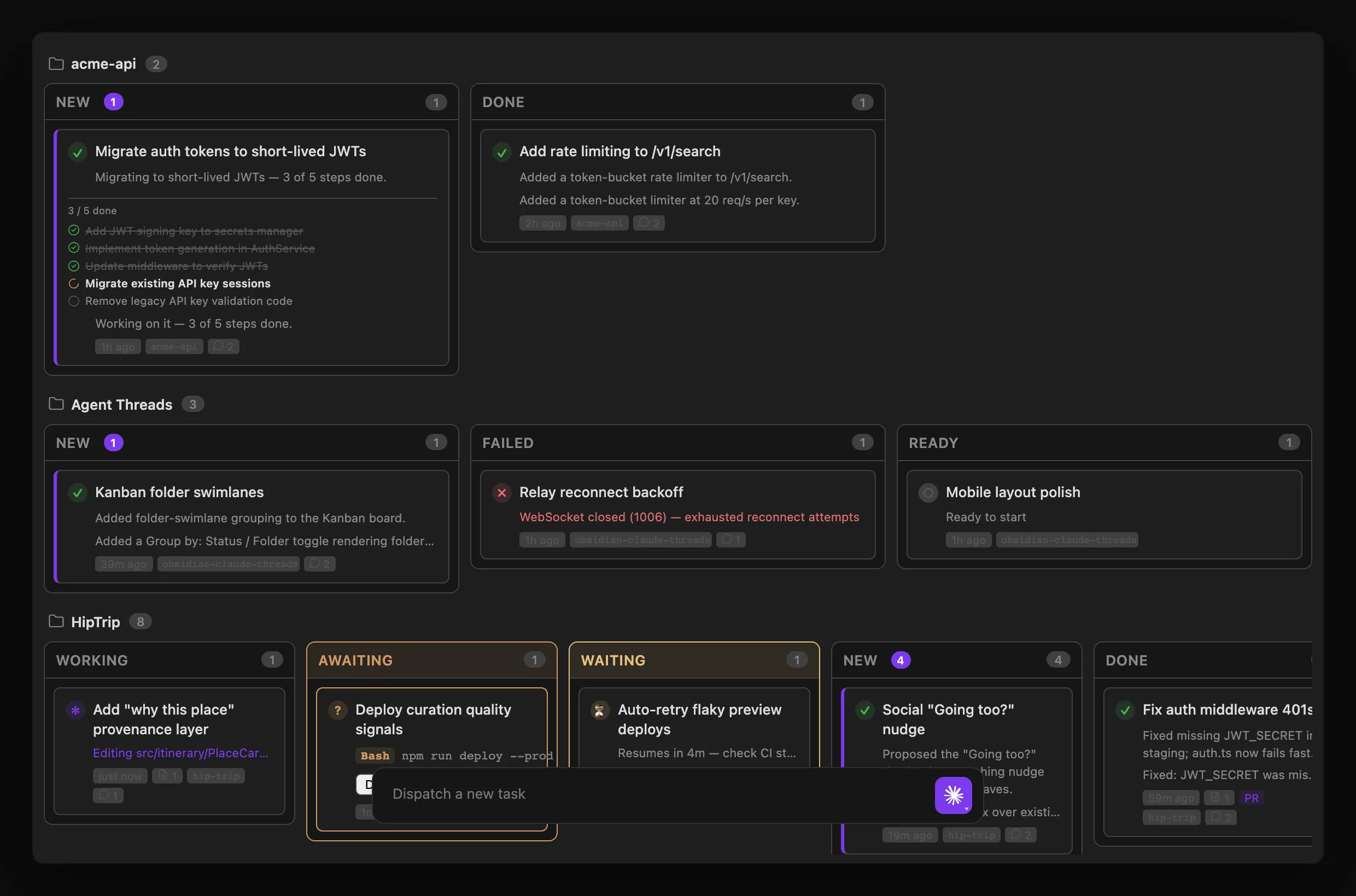 Agent Board grouped by folder — one horizontal swimlane per app/project, each with its own nested status columns