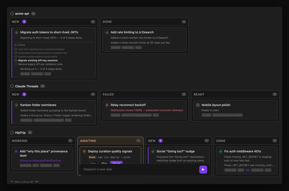Kanban board grouped into folder swimlanes by project