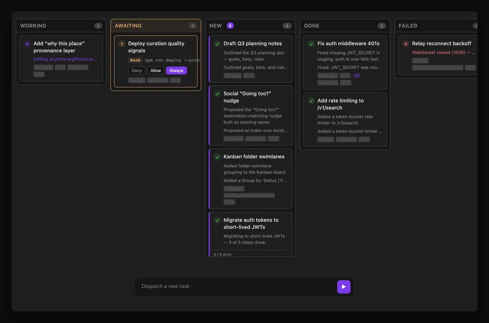 Kanban board grouping agent threads by status column