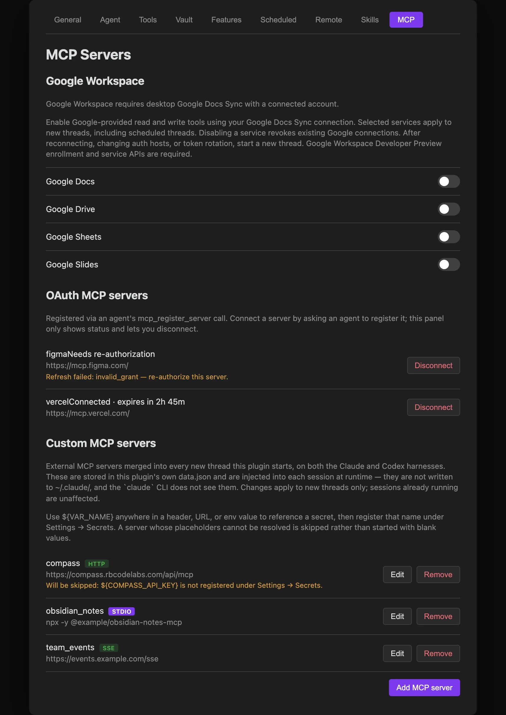 Settings MCP tab: OAuth MCP servers section showing two connected servers with status dots and expiry countdowns, and a Disconnect button on each row