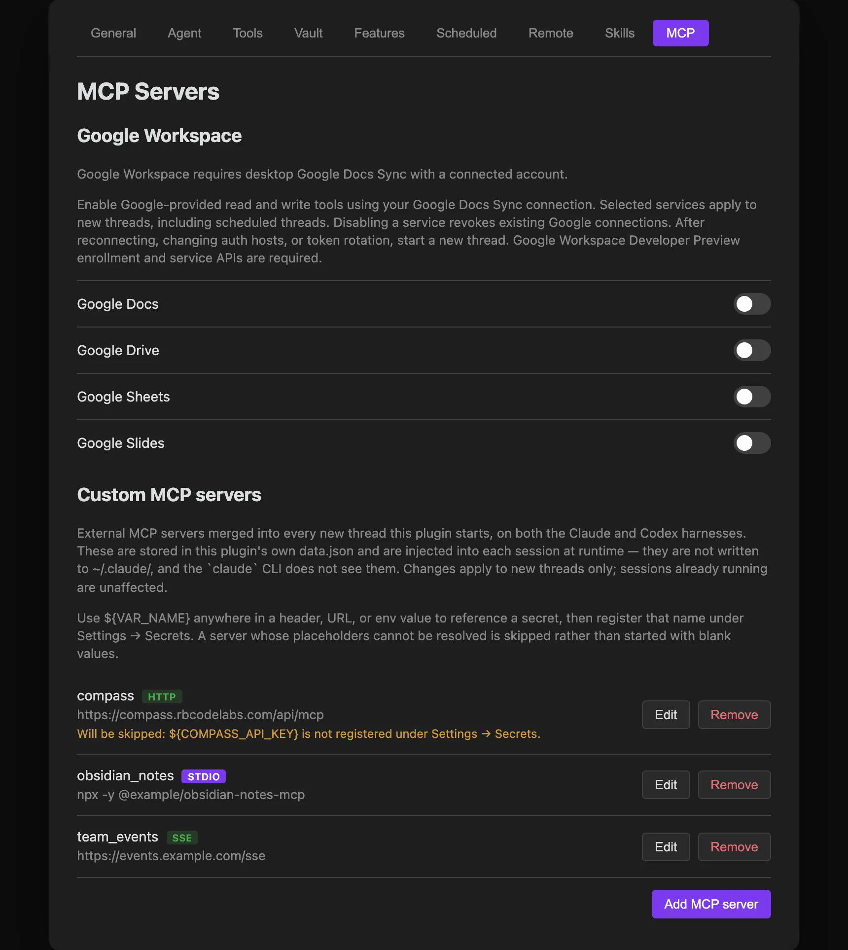 Settings MCP tab: a list of configured MCP servers, each with a type badge (stdio, http, or sse), a one-line summary, and Edit and Remove buttons, plus an Add MCP server button