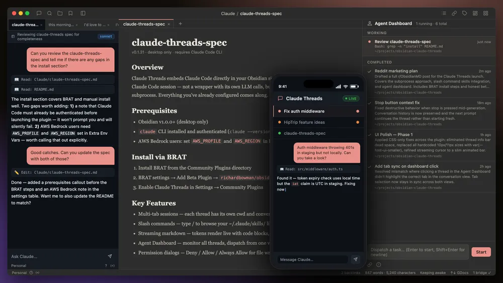 Claude Threads connected and running from a mobile device