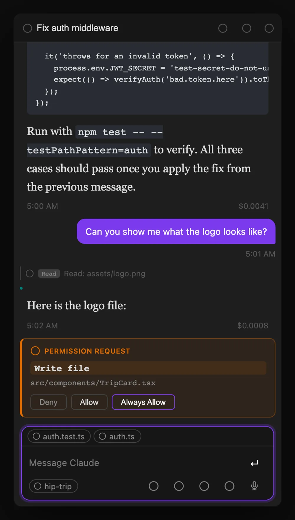 Inline permission dialog — Deny / Allow / Always Allow before Claude writes a file