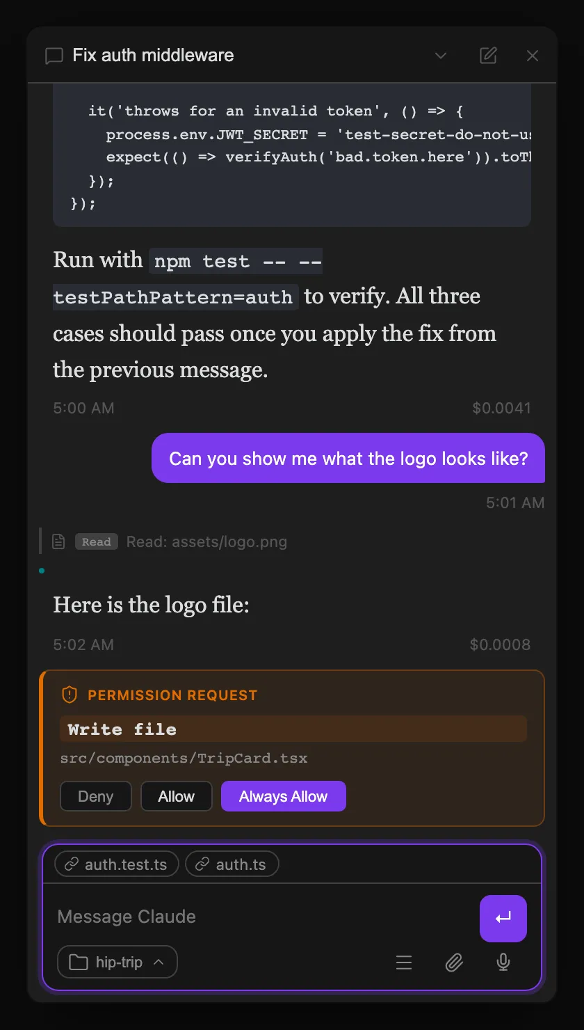 Inline permission dialog — Deny / Allow / Always Allow before Claude writes a file