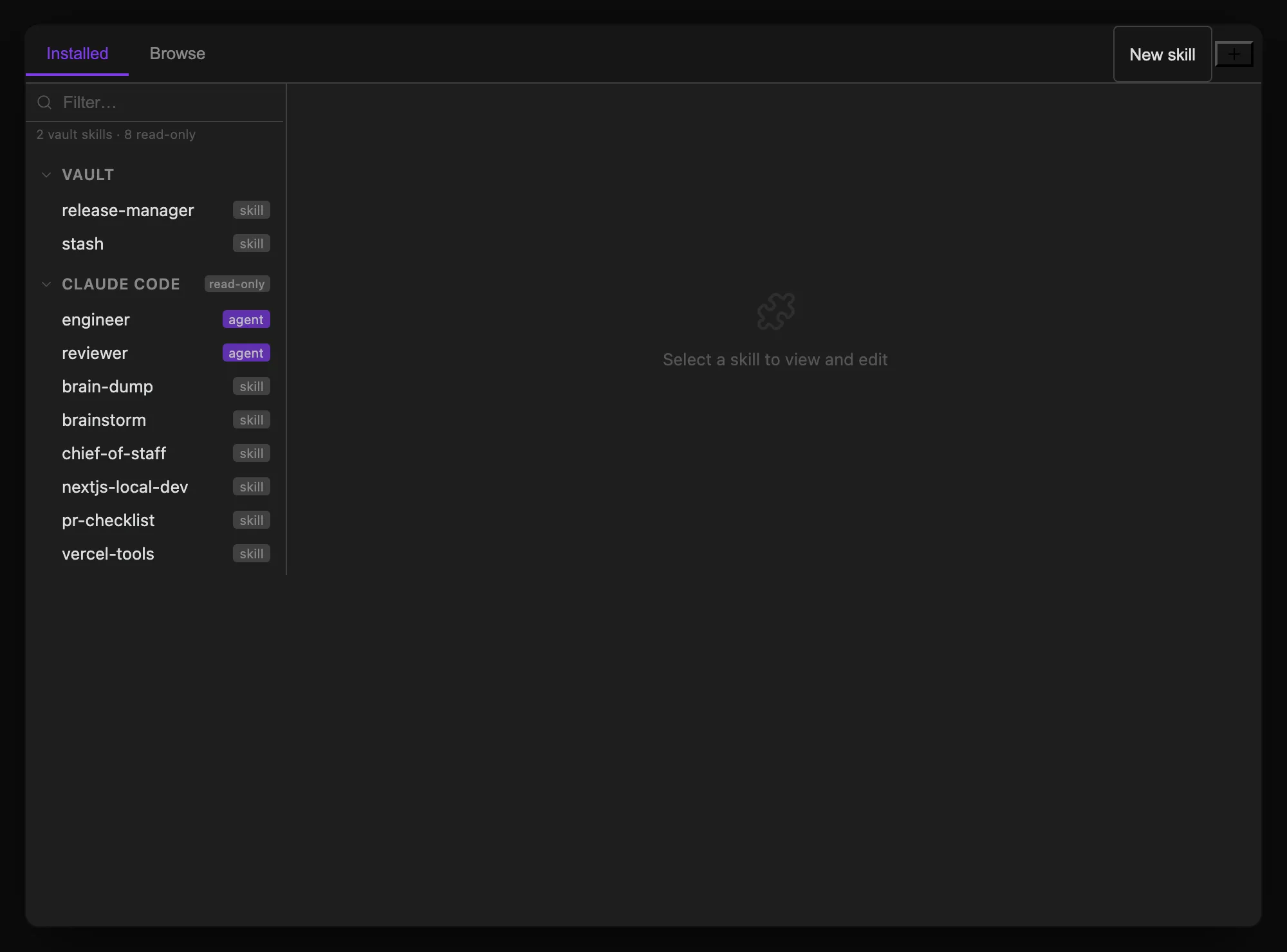Skills Manager: source tree on the left with skill/agent detail and editor on the right