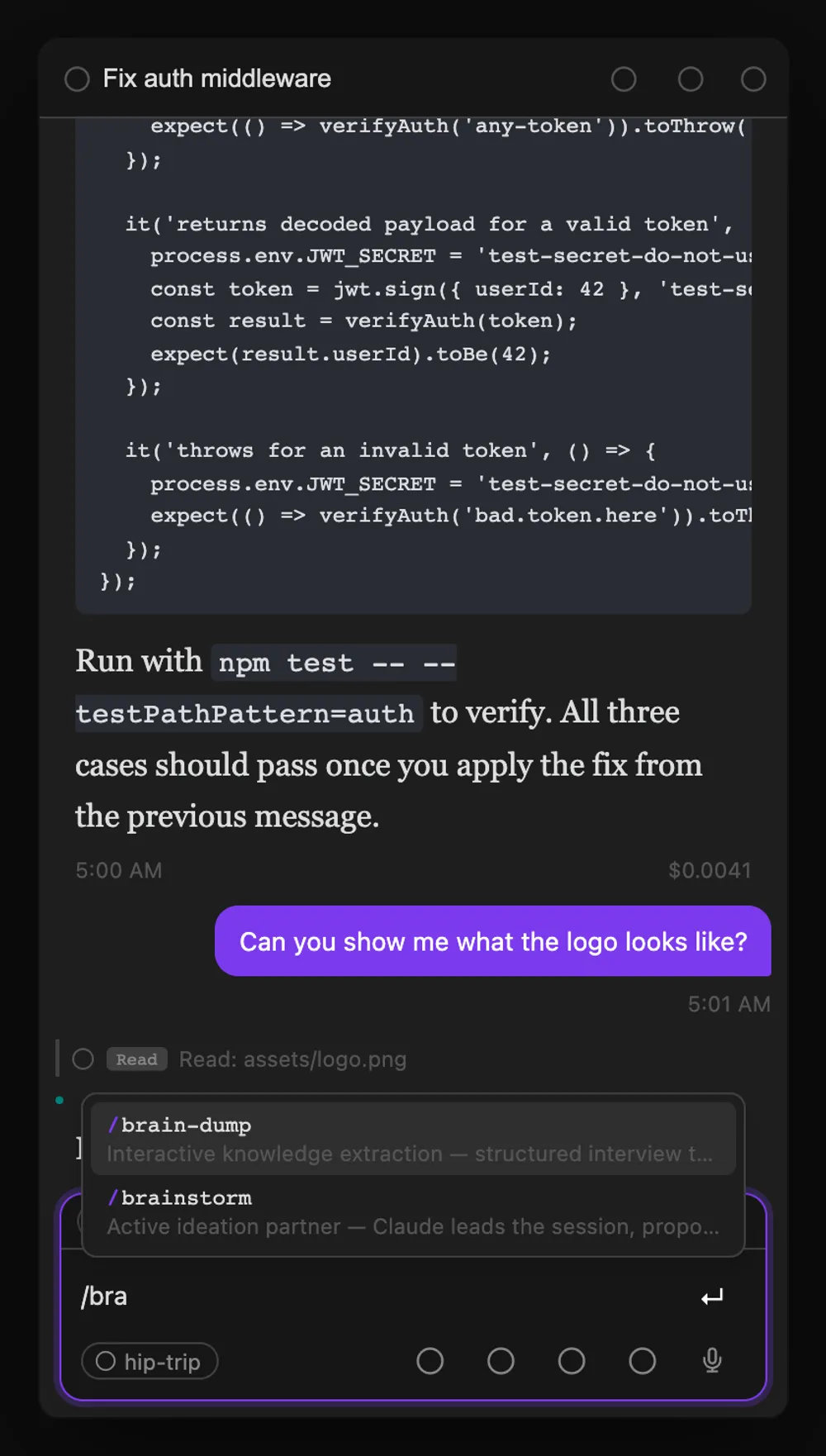 Slash command autocomplete showing installed skills from ~/.claude/skills/