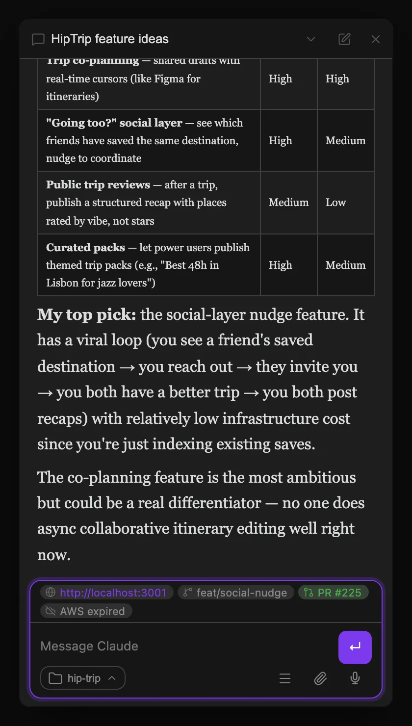 Status-line footer pills — dev URL, git branch, a clickable PR pill, and an AWS status pill below the message input