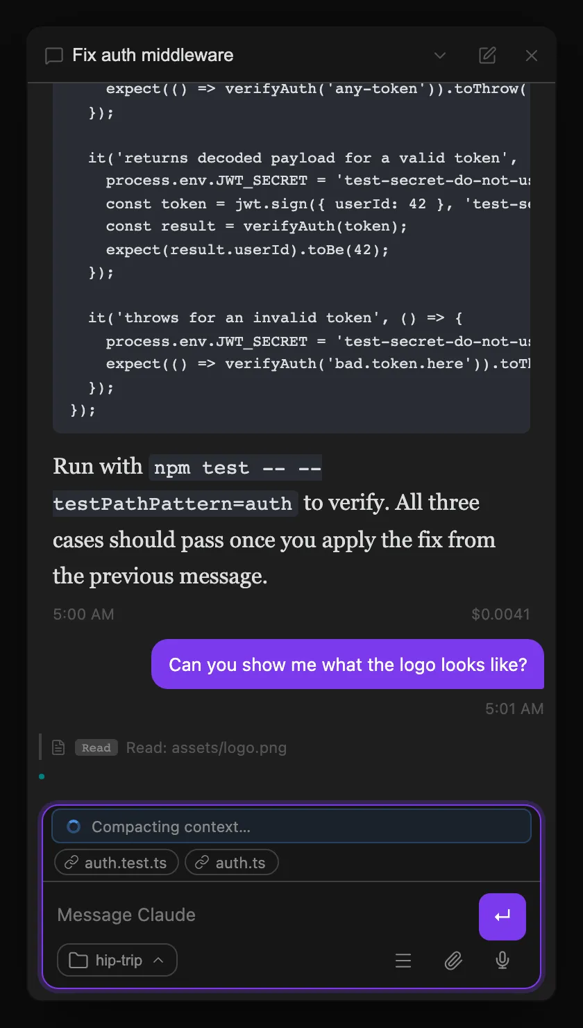 Status rail — active-work card with a spinner above the composer