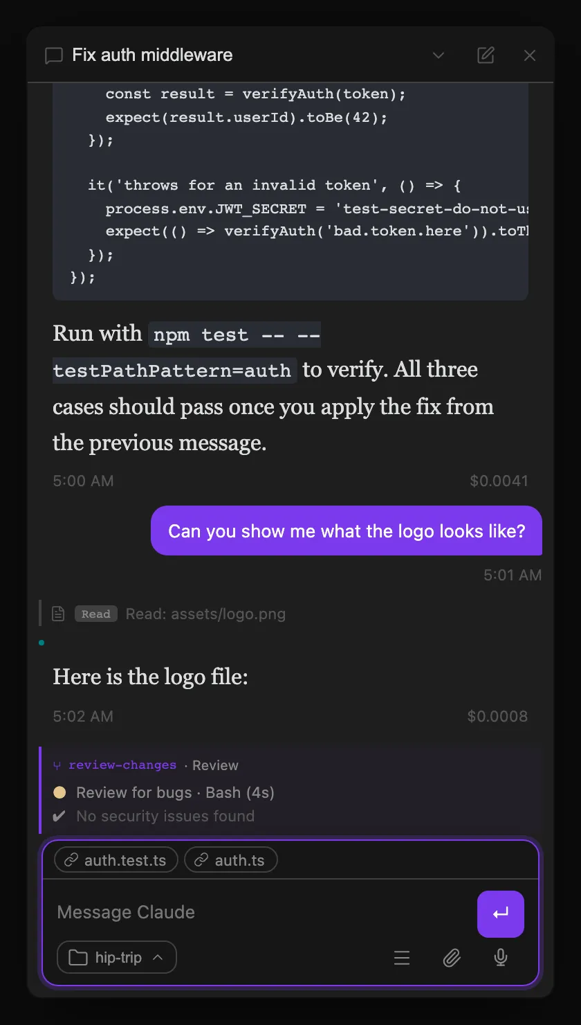 Inline workflow progress — live agent rows with running/done dots and a phase label